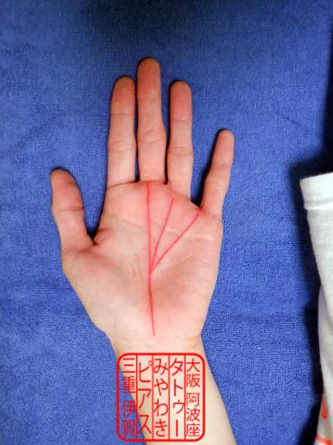 左手のひらに赤色で覇王線の手相のタトゥー・刺青
